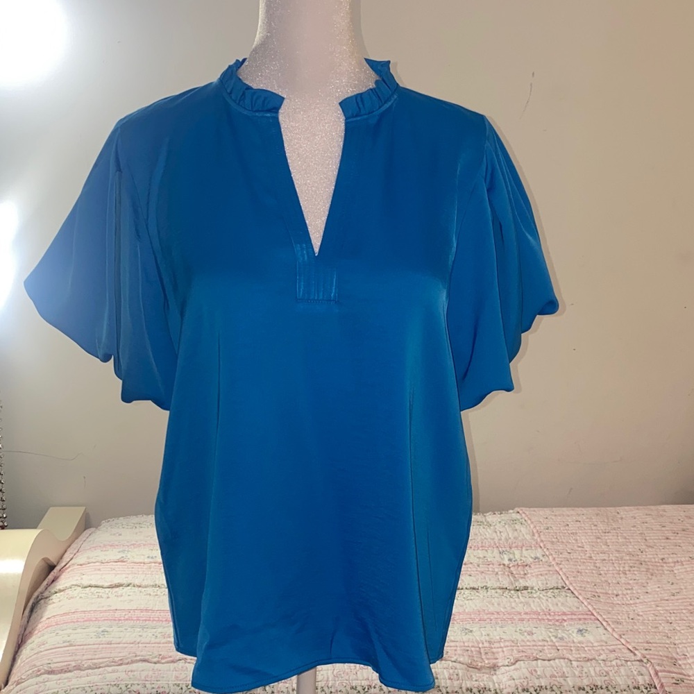 Karl Lagerfeld | Women's Blue Ruffle-Trim Split Neck Blouse
